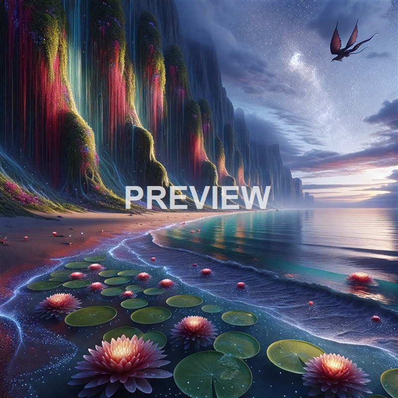 A surreal landscape featuring towering, colorful cliffs with flowing waterfalls, a calm sea with floating lotus flowers, and a sky filled with stars and a flying dragon-like creature.